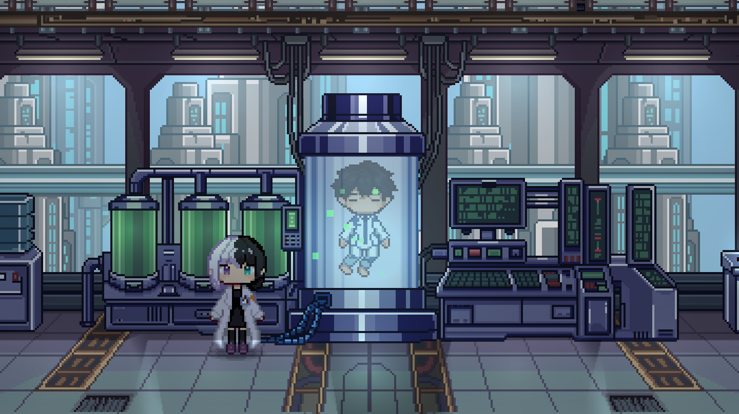Nora beside the green tanks, Elias's capsule at the centre of the laboratory