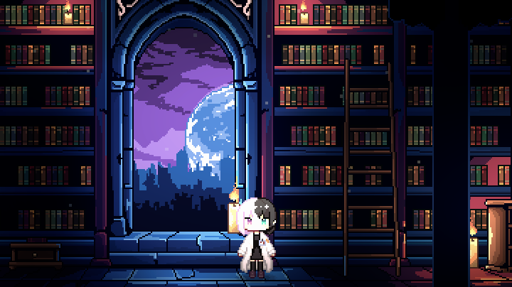 Nora in the intact library, the moon behind the arch